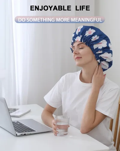 Vista 7 de YIZIJIZI - Gorro de ducha, gorras de baño para mujer reutilizables impermeables, gorras de ducha de dos capas grandes reutilizables adecuadas