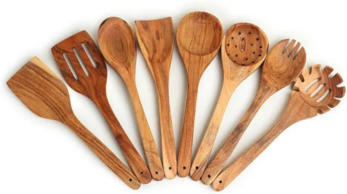 Vista 7 de Juego de 8 utensilios de cocina de madera de acacia, espátula de madera de 12 pulgadas de largo para cocinar, cucharas de madera antiadherentes