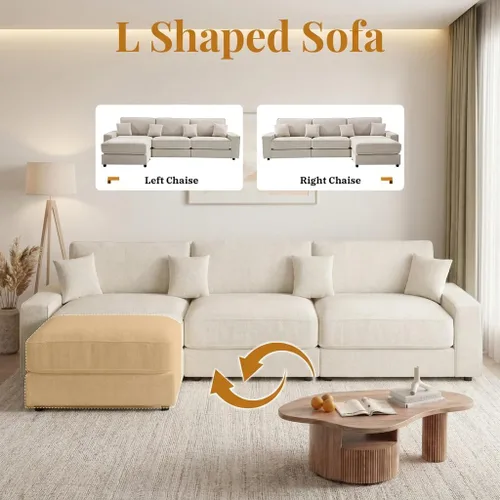 Vista 3 de Opoair - Sofá modular de gran tamaño de 114 pulgadas, sofá en forma de L con otomana móvil, cómodos sofás de nube de 4 asientos con asiento Beige