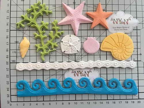 Vista 4 de Sea Shell Silicona Fondant Molds Beach Theme Cake Decorating Starfish, Coral, Conch, Sea Wave Designs, Food Grade Platinum Silicone, For