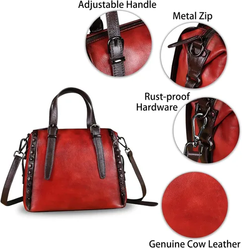 Vista 6 de Bolsos de cuero genuino para mujer, con asa superior, bolso bandolera vintage