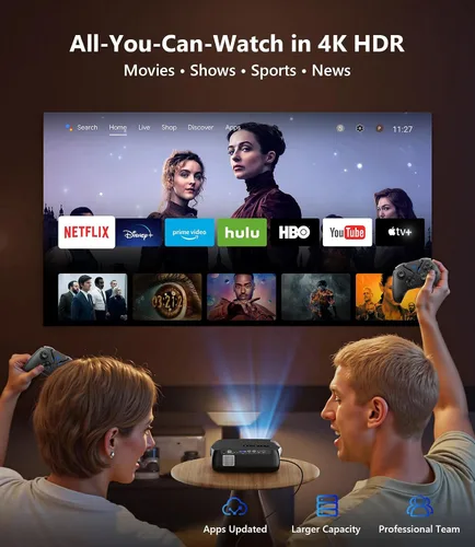 Vista 5 de Proyector inteligente 4K con WiFi y Bluetooth, 1800 ANSI de uso diurno, Android 11.0, altavoz de 38 W, arco HDMI2.1, fundición NFC, proyector Ultra