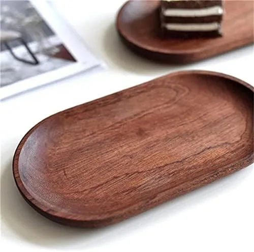 Vista 6 de Juego de 2 mini bandejas para servir joyas y monedas, bandeja ovalada de madera natural para postres, plato pequeño de queso de madera, bandeja