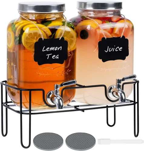 Vista 11 de Moretoes Dispensador de bebidas de vidrio de 1 galón para fiestas, dispensador de bebidas para jugo y té helado, tarro hermético de vidrio para té