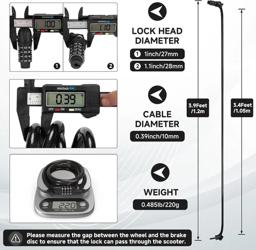 Vista 4 de Candado para bicicleta, 1.19 metros, combinación de 4 dígitos reseteable, contraseña, candado de cable antirrobo, lindos candados para bicicleta