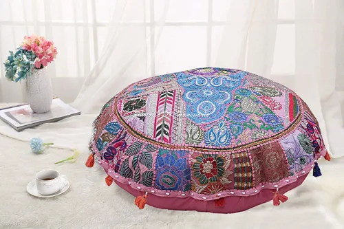 Vista 2 de Cojín de suelo bohemio indio, grande, color rosa bebé, 32 pulgadas, para yoga, reposapiés, decoración del hogar, bordado, vintage, algodón, redondo