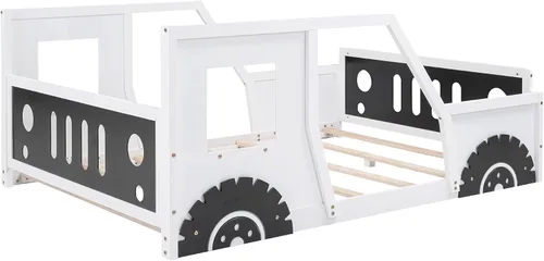 Vista 8 de SOFTSEA Cama Montessori de tamaño matrimonial con valla y puerta, plataforma de madera con ruedas para niños y niñas, soporte de listones de madera
