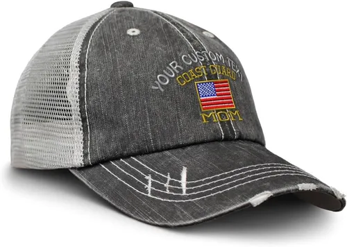 Vista 8 de Soft Mesh Cap Hat Embroidered American Flag Coast Guard Mom Embroidery Distressed Vintage Cap Cotton Solo diseño negro y gris