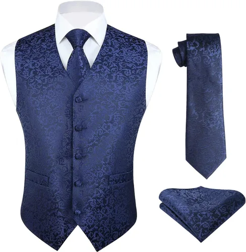 Vista 27 de HISDERN Conjunto de 3 piezas de chaleco formal para hombre, chaleco formal de cachemira floral jacquard corbata bolsillo cuadrado chalecos
