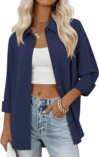Vista 19 de siliteelon Camisas con botones para mujer, camisas de vestir sólidas, de manga larga, cuello fluido, para trabajo, oficina, negocios, blusas de gasa