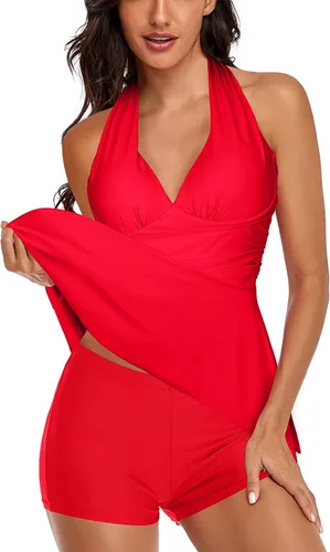 Vista 3 de Traje de baño tankini halter de dos piezas para mujer, con control de abdomen, cuello en V, con pantalones cortos