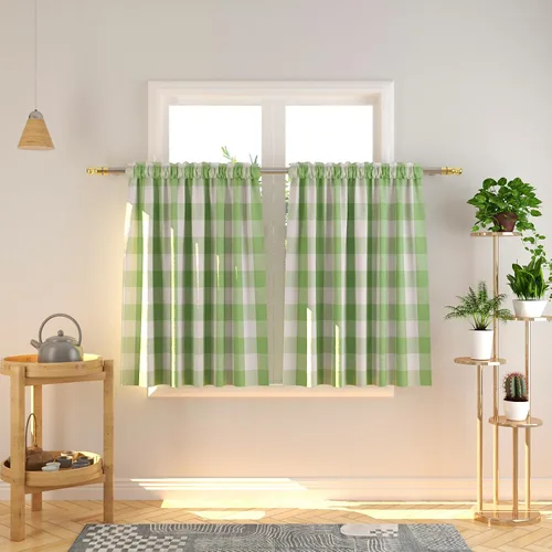 Vista 86 de Cenefas de cortina para ventana de 16 pulgadas de largo, 2 paneles de cuadros búfalo, cortinas pequeñas con bolsillo para barra, estilo clásico