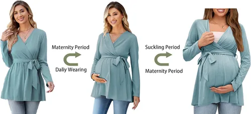Vista 2 de OUGES Túnicas de maternidad para mujer, camisas de manga larga, cuello en V, ropa de maternidad de enfermería, blusa casual de embarazo
