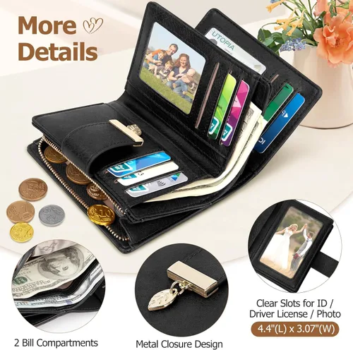 Vista 3 de HUANLANG Carteras pequeñas para mujer, con bloqueo Rfid, de cuero, plegable, tarjetero para tarjetas de crédito, cartera para mujer, bolsillo