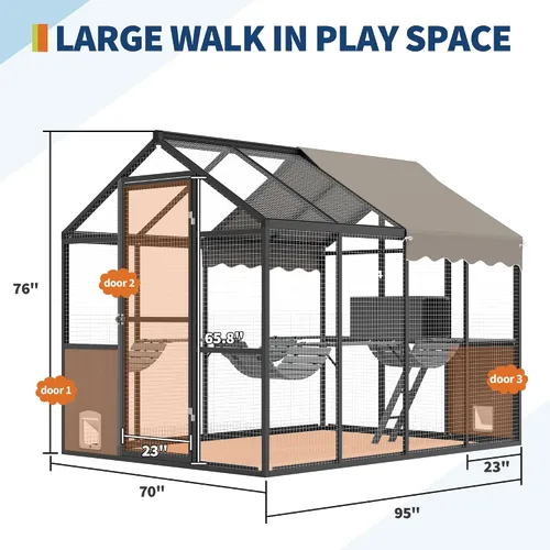 Vista 2 de Garvee Gran recinto para gatos al aire libre para múltiples gatos, resistente a la intemperie con cubierta UV, plataforma y puerta lateral