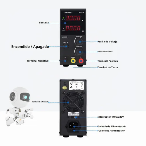 Vista 3 de LONGWEI Fuente de alimentación de CC variable, 30 V 10 A, 4 pantallas LED digitales, fuente de alimentación de conmutación regulada ajustable