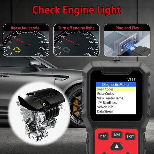Vista 3 de V315 OBD2 Herramienta de diagnóstico, lector de código, herramienta de diagnóstico de luz de motor, probador de voltaje de batería, para coches