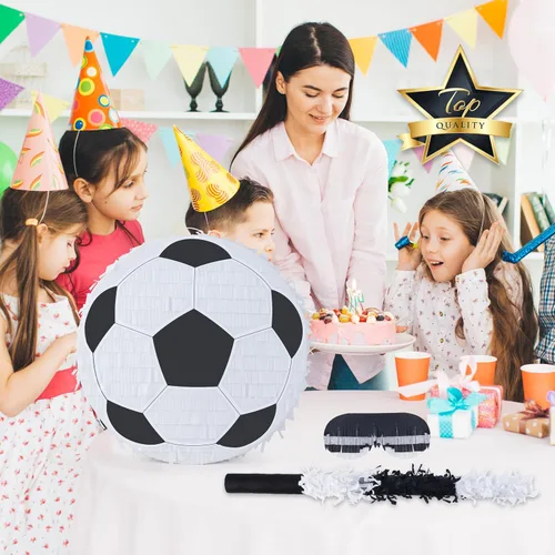 Vista 7 de Paquete de piñata con una venda y murciélago (13 x 13 x 4 pulgadas), piñata de balón de fútbol para fiestas de cumpleaños, perfecta para fiestas