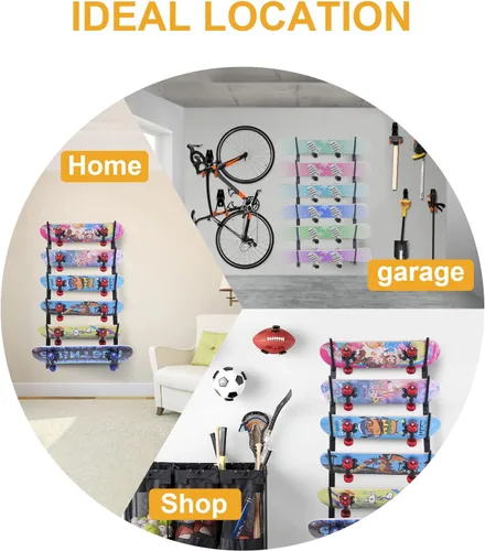 Vista 9 de Skateboard Wall Mount, Skate Board Wall Display Hanger Rack, Snowboard Wall Mount Ski Holder,Deck Wall Longboard Rack Storage(6-Layers)