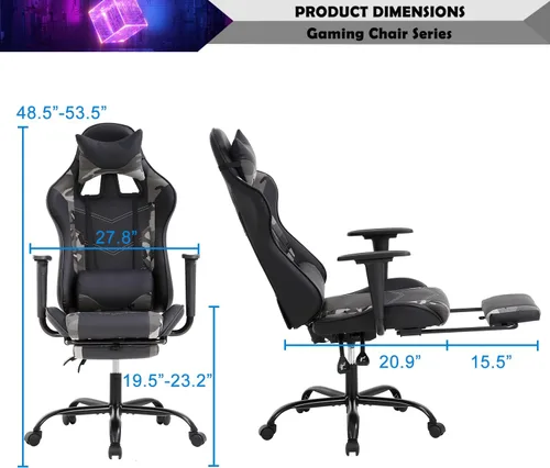 Vista 2 de Silla para videojuegos, silla reclinable de piel sintética con soporte lumbar, reposacabezas y respaldo alto, silla de oficina de carreras, silla