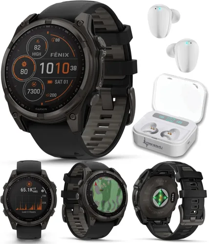 Vista 32 de Garmin Fenix 0.315 – 1.693 in Zafiro, AMOLED Multisport GPS Smartwatch, gris carbón DLC titanio con silicona negro/gris guijarro, linterna LED fenix