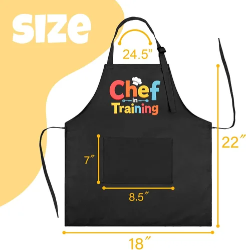 Vista 2 de Juego de Delantal y Gorro de Chef para Niños - Delantal de Cocina Ajustable para Niños con 2 Bolsillos, Negro, para Niños y Niñas de 3 a 8 Años