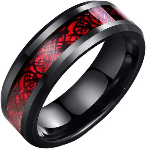 Vista 2 de Anillo de dragón celta negro de fibra de carbono rojo de 0.315 in para hombres biselado banda de boda de bordes