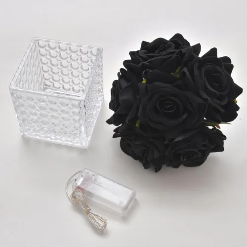 Vista 5 de Arreglo de centro de mesa de rosa artificial de seda en florero de vidrio con luz LED para decoración de bodas en el hogar (Negro)