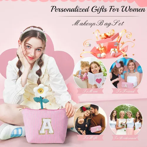Vista 19 de YOOLIFE Regalos del Día de la Madre para Mujeres, Bolsa de Maquillaje con Iniciales, Bolsa de Maquillaje para Viaje, Bolsa de Maquillaje Negro