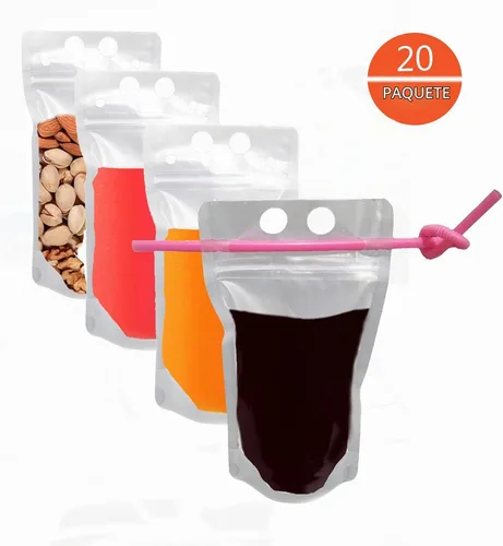 Vista 5 de Bolsas de bebidas con pajitas, paquete de 20 bolsas de plástico de 8 onzas, con cierre de cremallera, de mano, resistentes, bolsas de jugo