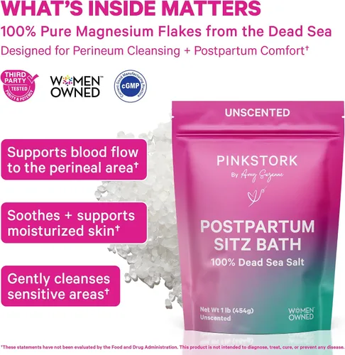 Vista 2 de Pink Stork Sal del mar muerto para el cuidado y limpieza perineal, recuperación posparto, artículos esenciales para el parto y el parto, propiedad