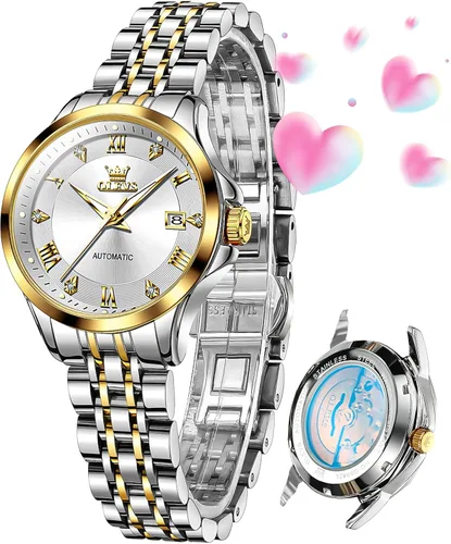Vista 14 de OLEVS - Reloj automático de lujo para mujer con diamantes, fecha, clásico, de cuerda automática, relojes de pulsera luminosos e impermeables