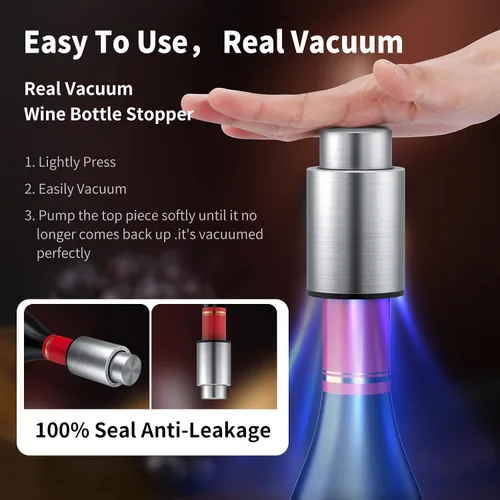 Vista 4 de Tapones para botellas de vino, tapón de vino al vacío 2 en 1, ahorradores de vino de acero inoxidable, conservador de vino reutilizable, tapones