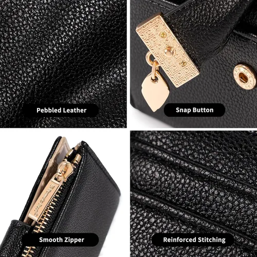 Vista 4 de Billetera pequeña para mujer, plegable, de piel suave, tarjetero con ventana de identificación, con cremallera, bolsillo para monedas, carteras