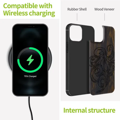 Vista 8 de Carveit Funda magnética de madera para iPhone 13 Mini [madera natural y TPU suave negro] funda protectora de madera única y elegante a prueba