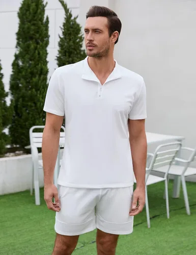 Vista 2 de TURETRENDY Conjunto de camisa polo y pantalones cortos para hombre, manga corta, cremallera, 2 piezas, traje de verano, casual, atlético, conjunto