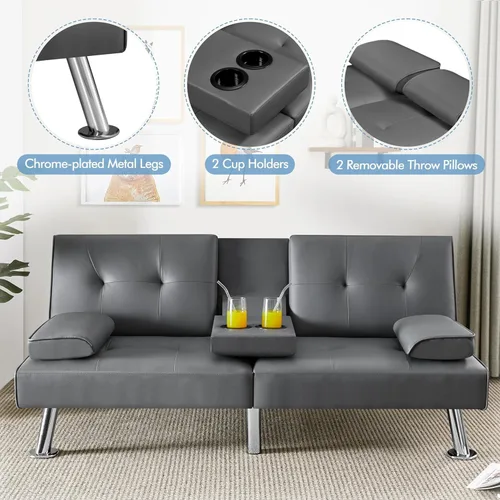 Vista 4 de Sofá cama tipo futón plegable convertible con patas de metal y 2 portavasos, moderno sofá biplaza tapizado de piel sintética, sofá biplaza cama
