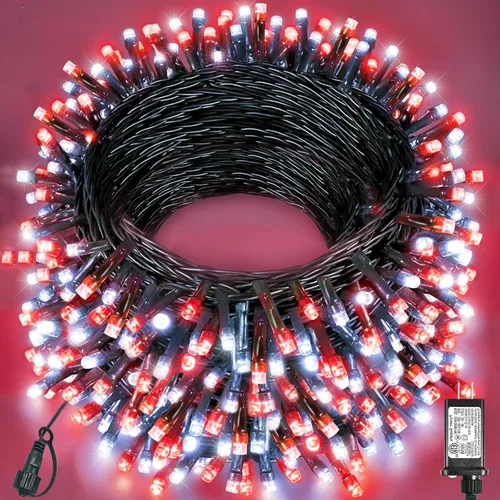 Vista 9 de Tira de luces LED de Navidad de 40 pies para exteriores, luces rojas y blancas de Navidad impermeables, 8 modos y temporizador, luces de árbol