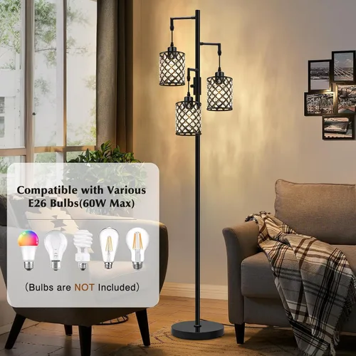 Vista 4 de Lámparas de pie de cristal GyroVu para sala de estar, lámpara de pie negra de 3 luces, lámpara alta de pie con elegante pantalla de cristal K9