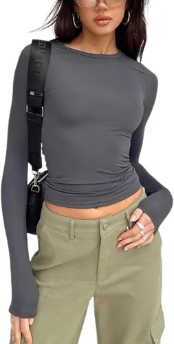 Vista 16 de Blusa corta básica casual para mujer, ajustada, manga larga, cuello redondo, color sólido, para otoño, camiseta ajustada Albaricoque