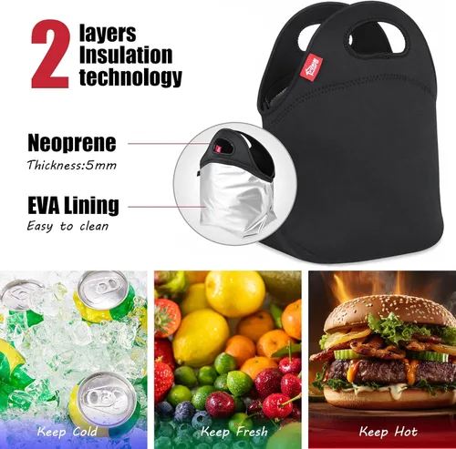 Vista 6 de Bolsa de almuerzo aislada, bolsa térmica impermeable para el trabajo, la oficina y la escuela Double Layer Leakproof Neoprene, Easy-Clean