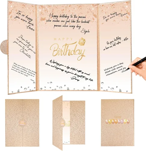 Vista 22 de Crenics Decoraciones de cumpleaños en blanco y negro para mujeres y hombres, libro de invitados creativo alternativo de 45,72 cm x 30,48 cm, gran