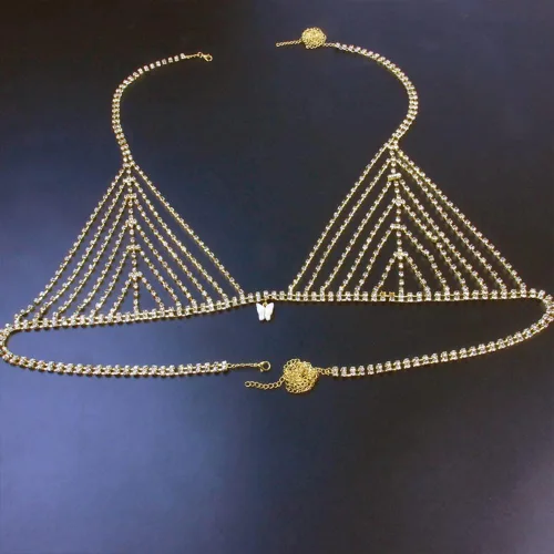 Vista 5 de Koleso - Conjunto de bikini con diamantes de imitación para mujer, con cadena de cintura para el vientre, cadena erótica, ropa