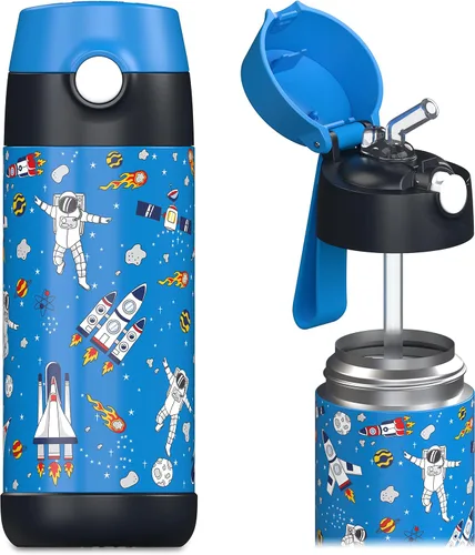 Vista 43 de Jarlson® CHARLI - Botella de agua para niños [12 onzas], botella térmica de acero inoxidable con pajilla, botella de agua aislada a prueba