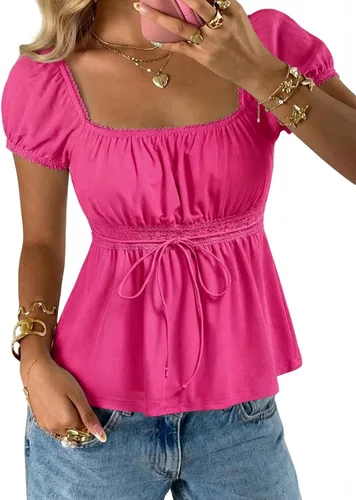 Vista 10 de SOLY HUX Blusa de verano de manga corta para mujer Blanco sólido