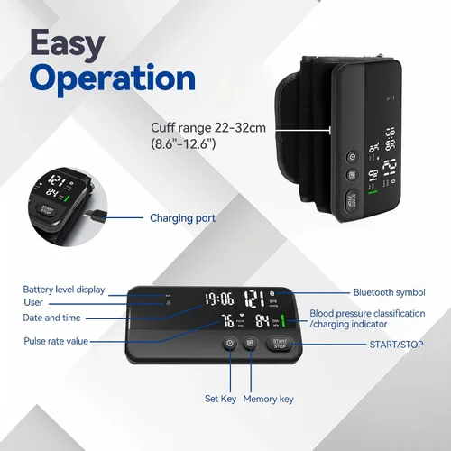 Vista 6 de Monitor de presión arterial inalámbrico con Bluetooth para la parte superior del brazo, monitor de presión arterial recargable portátil ultraligero