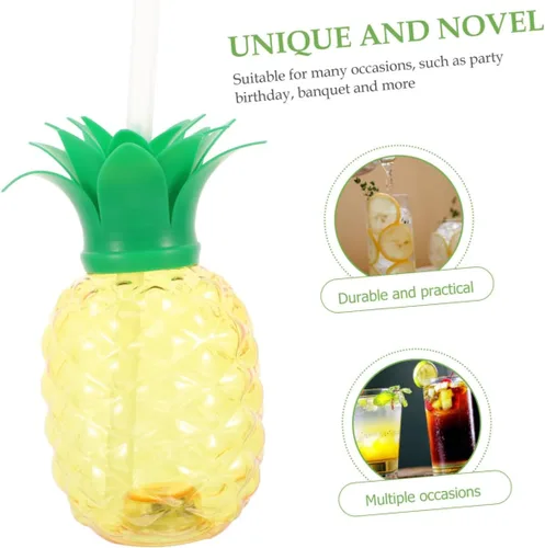 Vista 3 de BESTonZON 3 tazas de piña, 16.9 fl oz con luz LED con popote y tapa, forma de fruta hawaiana, taza tropical para beber agua para playa, fiesta