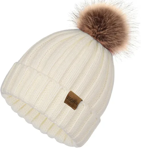 Vista 2 de ZOORON Gorro de punto de invierno para mujer con pompón de piel sintética, gorro de punto cálido para mujer