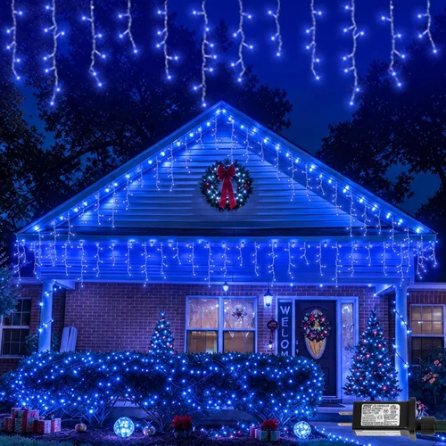 Vista 10 de Luces de carámbano azules y blancas para exteriores, tira de 400 luces LED de 33 pies para interiores, 8 modos conectables, luz de Navidad de Azul