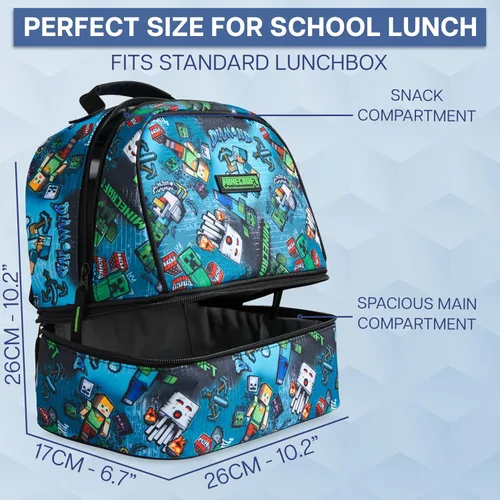 Vista 3 de Get Trend Minecraft - Lonchera reutilizable con aislamiento para niños, bolsa ligera con doble compartimento con asa, se adapta a la lonchera Azul